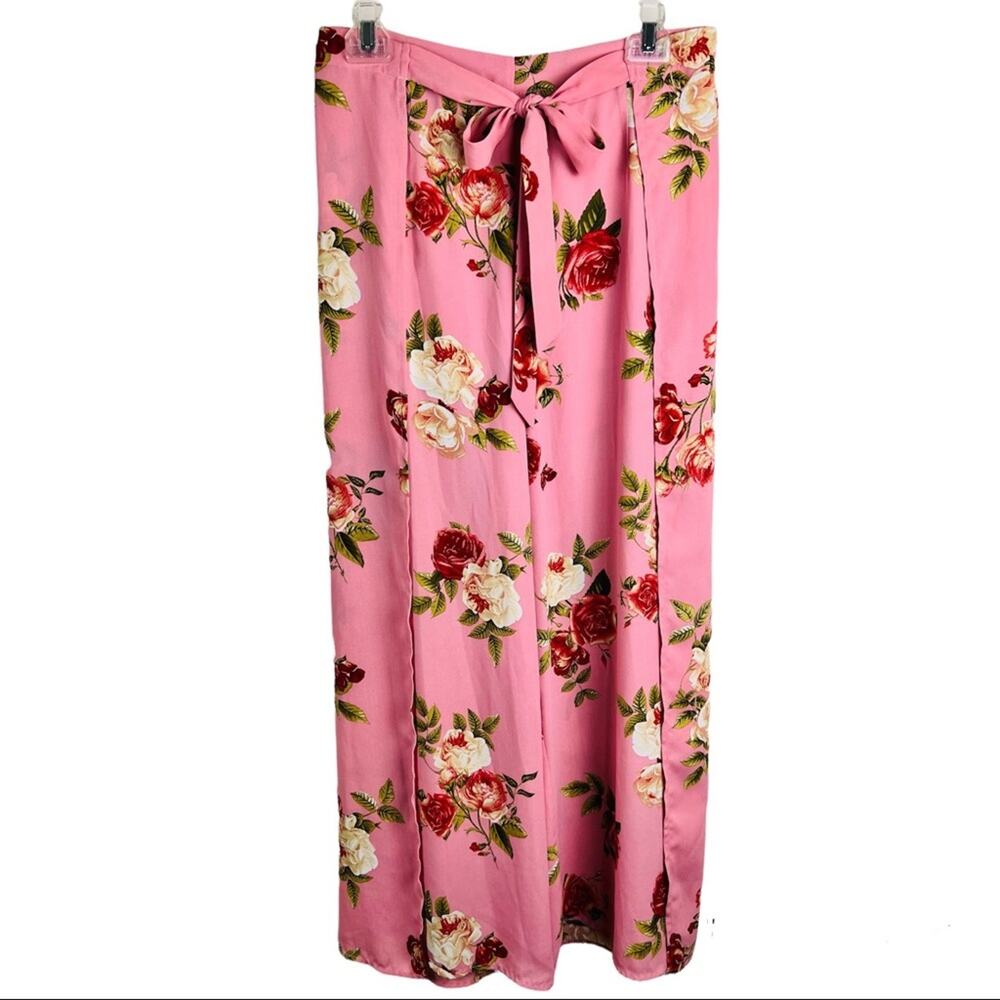 Floral Wide Leg Pink Pants Size Small Rose Side Slits Y2K Flowy Coastal Boho
